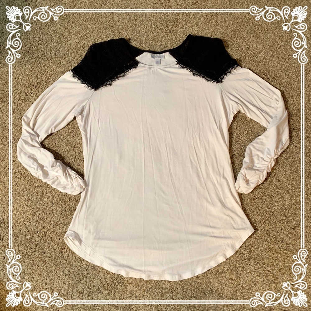 Bisou Bisou Knit Lace Shoulder Ruched Top